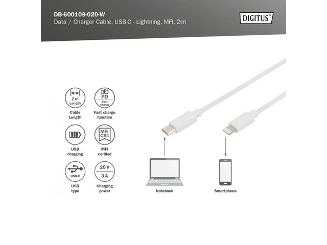 Lightning naar USB-C data-/oplaadkabel MFI-gecertificeerd 2m
