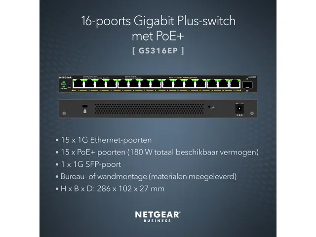 16-poorts PoE+ Gigabit Ethernet Plus-switch (180 W) met 1 SFP Poort