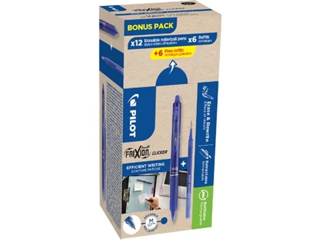 Frixion Ball Clicker, 12 rollers et 6+6 recharges 0,7 mm, bleu