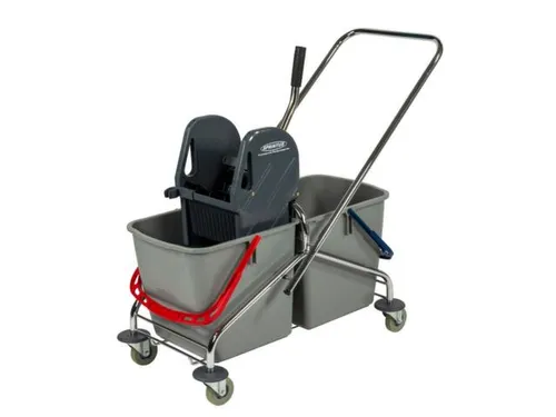 dweilwagen,emmer 2x27l ROOD/BLAUW,mopwringer,frame metaal,4zwenkwielen