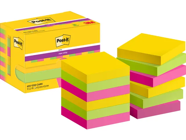 Memoblok Post-it 622 Super Sticky 47,6x47,6mm Carnival 12 stuks