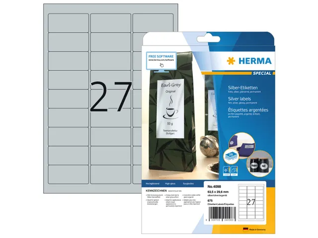 HERMA 4098 Zilver folie-etiketten A4 63,5x29,6mm Glossy 675 stuks