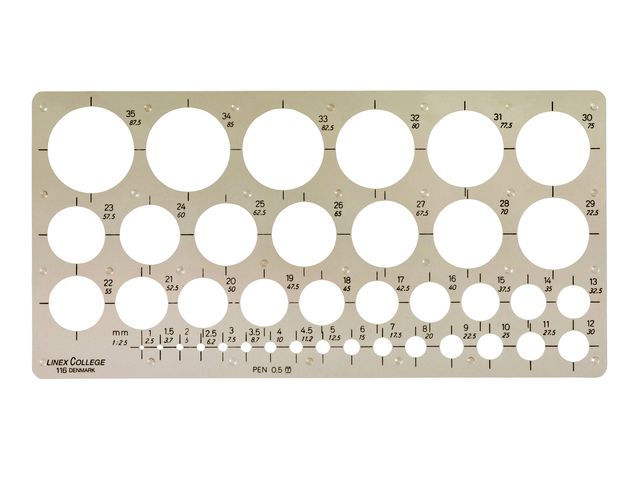Cirkelsjabloon Linex 39 cirkels met inktvoetjes 1-35mm grijs | Tekensjablonen.nl