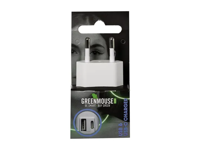 Oplader Green Mouse USB-C 1x en USB-A 1x wit blisterverpakking