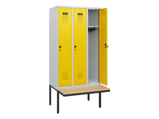locker met bank,HxBxD 1950x900x815mm,3vak,vak B 300mm,draaigrendel