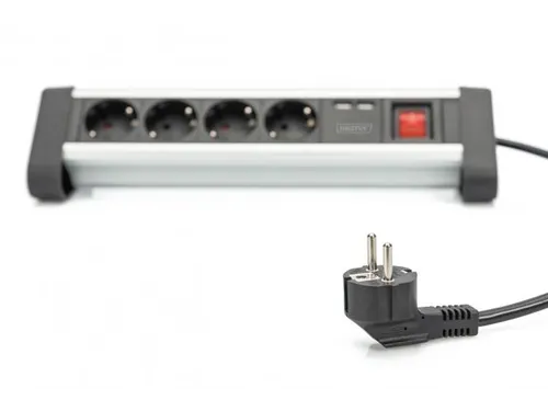 4-voudige kantoorstekkerdoos met 2x USB-poorten USB 5V/2A zwart/zilver
