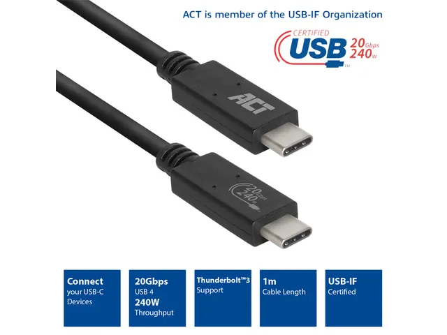 Kabel ACT USB-C USB 4 20Gbps Thunderbolt3 1 meter