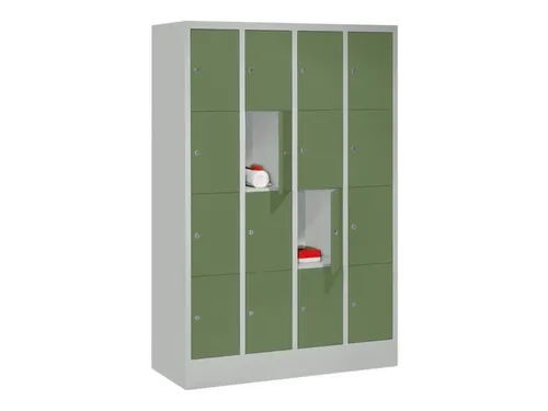 lockerkast,HxBxD 1518x1200x500mm,4x4vakken,RAL7035,front RAL6011