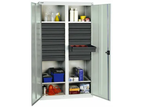 Materiaalkast 1800x1000x500mm 4legborden Uitschuifbaar 14laden Ral7035