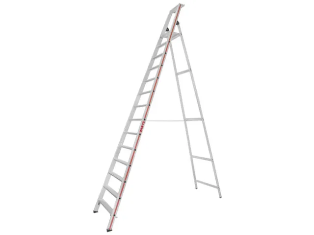 trapladder,eenzijdig,14treden,stand H 3,25m,balk L 4,2m,aluminium