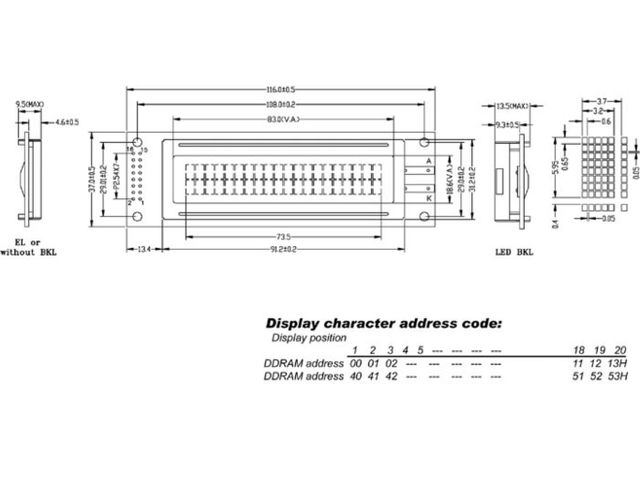 Lcd 20 X 2 Bottom View Transflectief Met Gele Achtergrondverlichting | ElektronicaComponent.be