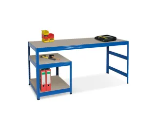 montagetafel,HxBxD 750x1800x600mm,blad hout,4voeten RAL5010,2legborden - 2