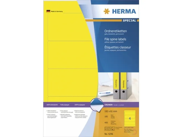 Herma 4296 Rugetiket 192x61mm Geel permanent klevend 400 stuks