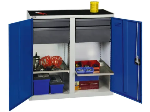 Gereedschapskast 1000x1000x500mm 2legborden 4laden Ral7035 Ral5010