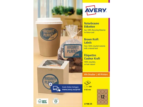 Etiket Avery L7106-25 permanent rond 60mm kraft 300 stuks 25 vel