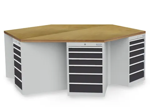 groepswerkbank,HxBxD 859x2500x2165mm,multiplexblad,6containers