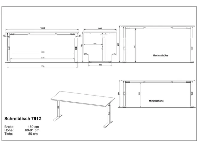 In hoogte verstelbaar bureau,HxBxD 680-910x1800x800mm,blad wit