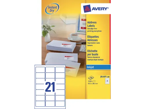 Adresetiket Avery J8160-100 63.5x38.1mm Inkjet Wit 2100 stuks