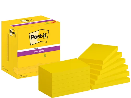 Memoblok Post-it 655 Super Sticky 76x127mm neon geel 12 stuks