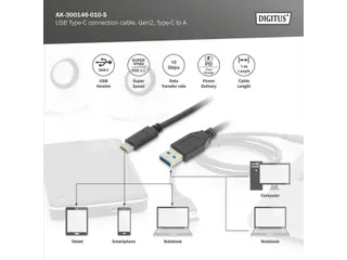 USB Type C-aansluitkabel Type C naar A M/M 1m Gen2 3A 10GB Zwart - 3
