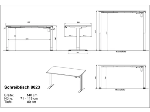 Elektrisch ihv bureau,HxBxD 710-1190x1400x800mm,blad zwart