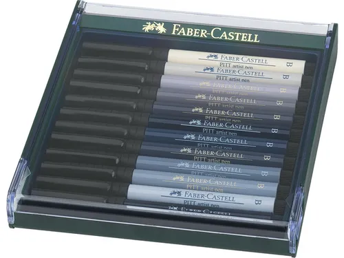 Tekenstift Faber-Castell Pitt Artist Pen Brush set 12 stuks grijstinte