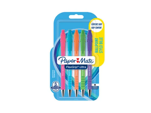 Balpen Paper Mate Flexgrip drukknop Bright fun M assorti blister à 5s