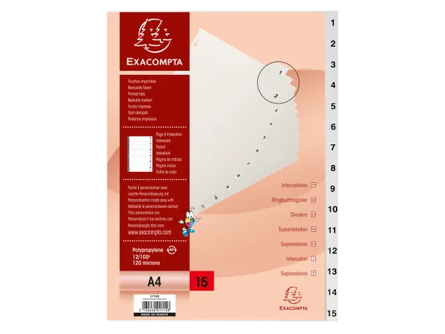 Bedrukte tabbladen numeriek wit PP 15-delig 1-15 A4 11-gaats