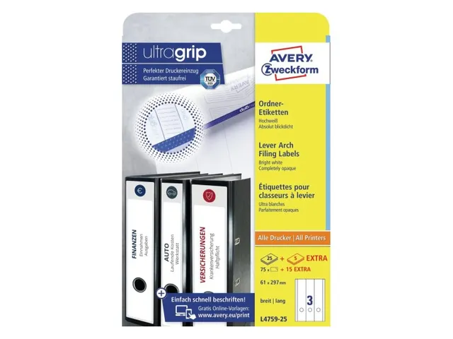 Rugetiket Avery Zweckform Breed/lang 297x61mm Wit L4759 90 stuks