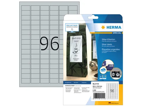 HERMA 4110 Zilver folie-etiketten A4 30,5x16,9mm Glossy 2400 stuks