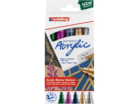 Acrylmarker edding e-5100 medium set van 5 kleuren metallic