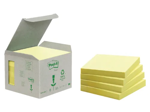 Memoblok Post-it 654-1B 76x76mm recycled geel 6 stuks à 100 vel