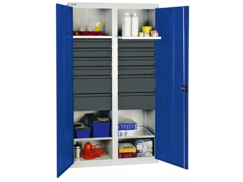 Materiaalkast 1800x1000x500mm 4legborden Uitschuifbaar 12laden Ral5010