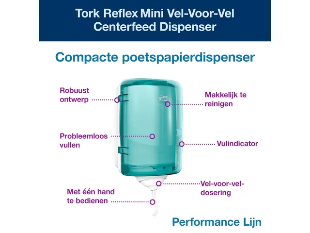 Tork 473167 Reflex Mini Centerfeed Dispenser Wit/Turquoise M3
