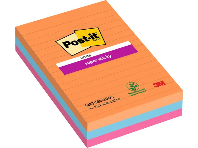 Memoblok 3M Post-it 4690 Super Sticky 101x152mm lijn Bangkok Assorti