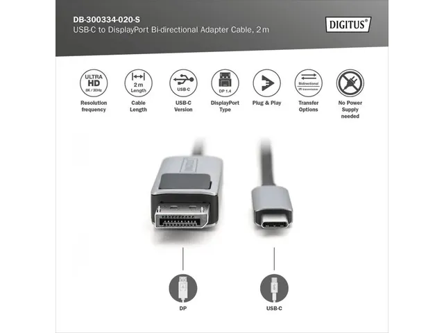 8K@30Hz. USB Type C naar DP adapterkabel HBR3 Zwart 2m