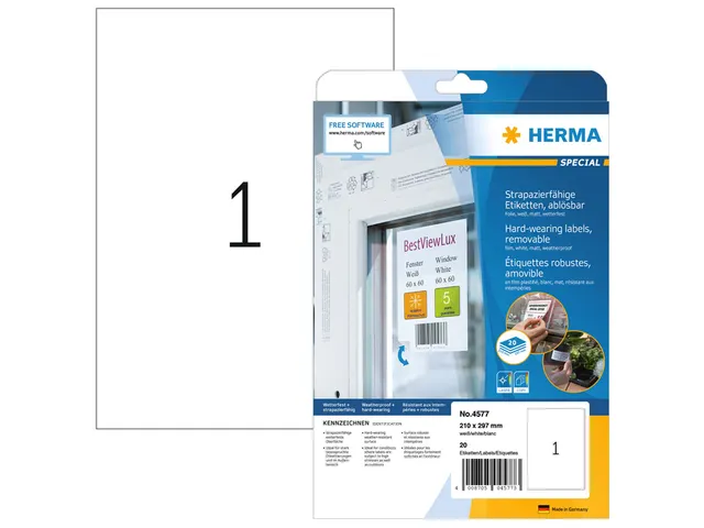 HERMA 4577 Weervaste Folie-etiketten A4 210x297mm removable 20 stuks