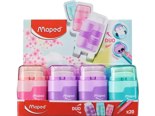 Puntenslijper Maped Connect 2-gaats met gum display à 20 stuks pastel