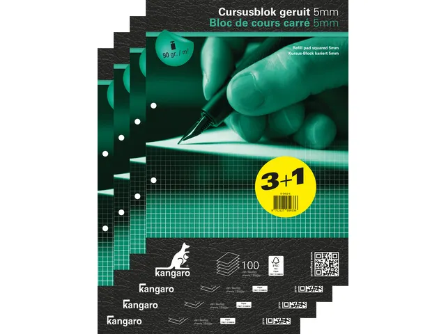 Cursusblok Kangaro A4 ruit 5mm 90 grams 100 vel pak 4 stuks