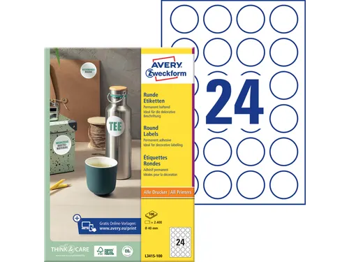 Etiket Avery Zweckform L3415 rond 40mm wit