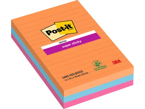 Memoblok 3M Post-it 4690 Super Sticky 101x152mm lijn Bangkok Assorti