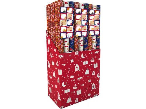 Inpakpapier Sint 200x70cm set à 3 rollen + stickervel met 10 etikette