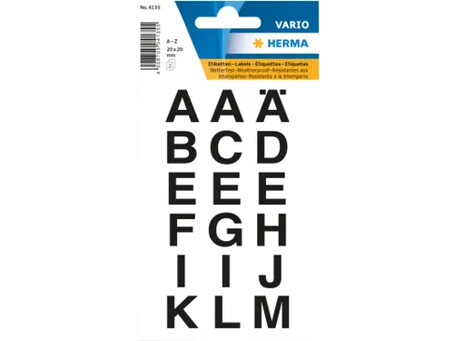 Etiket Herma 4135 20x20mm Letters A-Z Zwart op Transparant 36 stuks