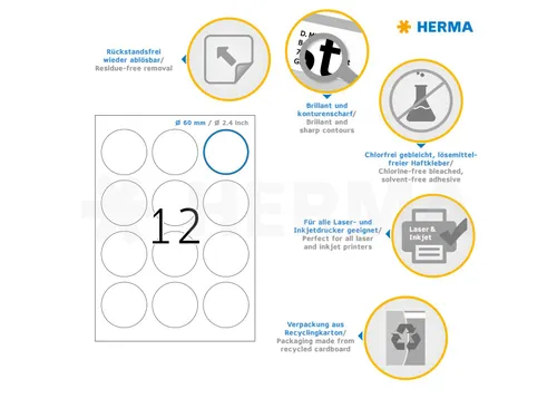 HERMA 4477 Verwijderbare etiketten A4 Rond 60mm Wit 1200 stuks