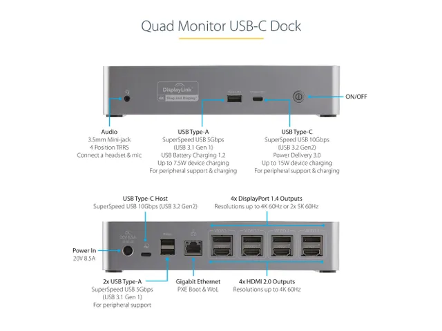 StarTech USB-C Docking Station 4K Quad Monitor 100W PD LAN
