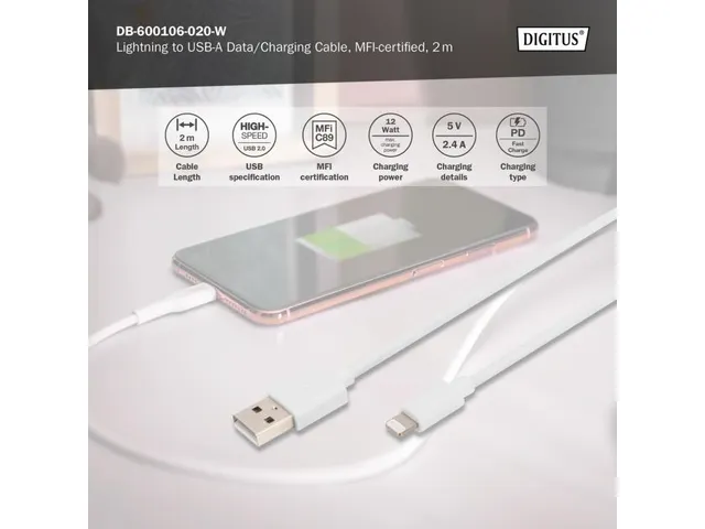 USB-A naar lightning MFI C89 2M data- en oplaadkabel wit 5V 2,4A