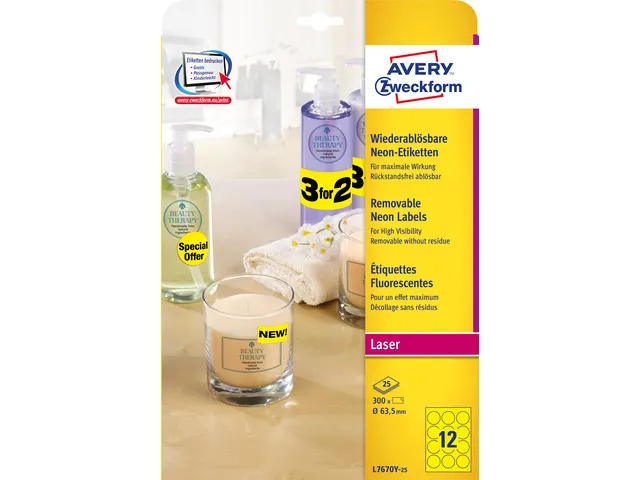Etiquettes laser Avery 63,5mm rond jaune fluo 25 feuilles