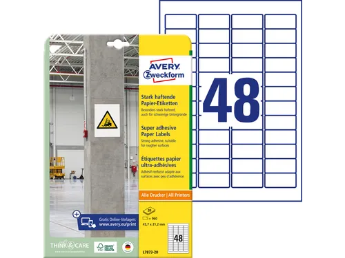 Avery Zweckform L7873 Sterk klevende etiketten A4 45,7x21,2mm 960 stuk