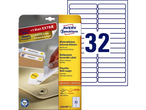 Etiket Avery Zweckform L6031REV-25 96x16.9mm afneembaar Wit 800 stuks