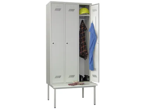 locker met bank,HxBxD 2150x900x500mm,3vak,RAL7035,front RAL7035